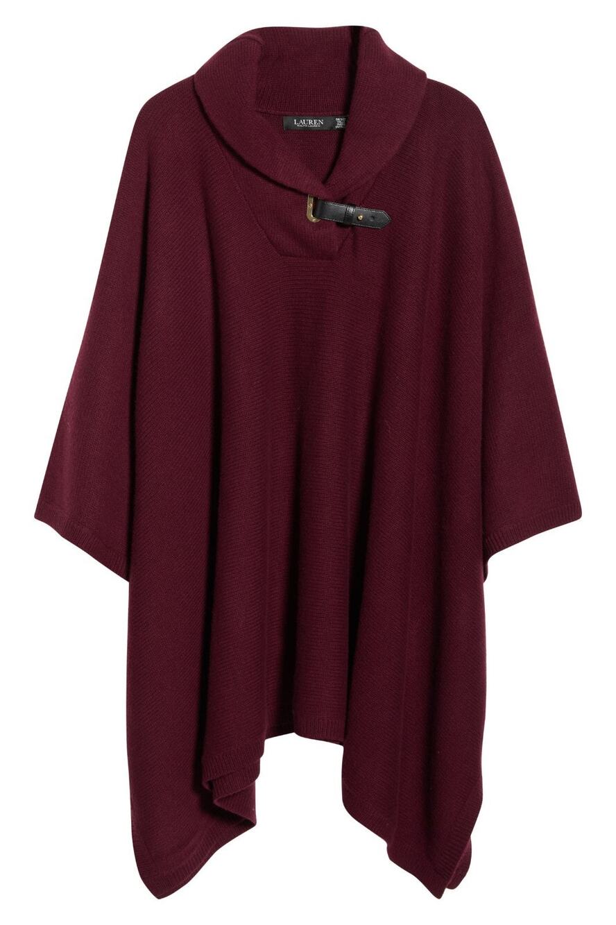Lauren Ralph Lauren Womens Buckle Collar Sweater Poncho Wool Burgundy L/XL $298